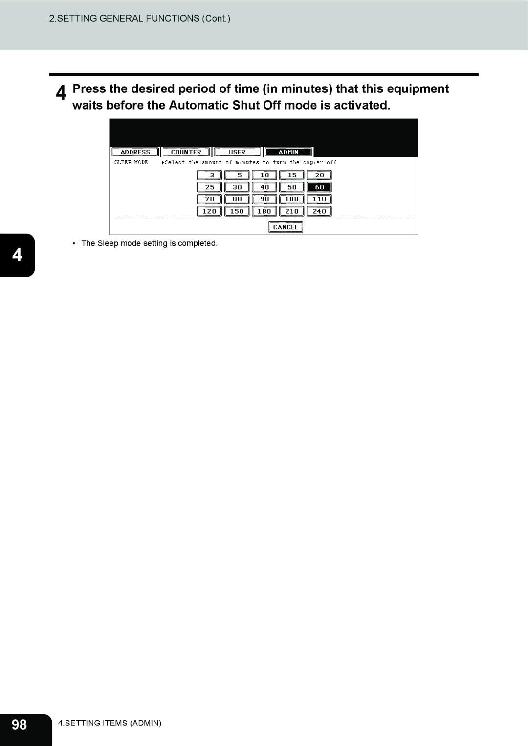 Toshiba 282, 232, 202L manual Sleep mode setting is completed 