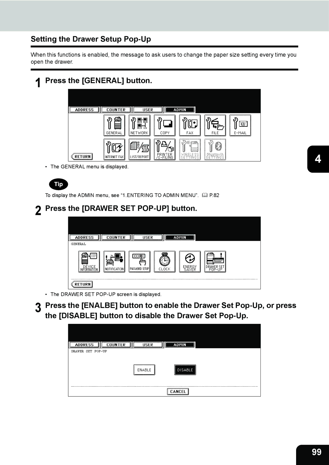 Toshiba 202L, 232, 282 manual Setting the Drawer Setup Pop-Up, Press the General button, Press the Drawer SET POP-UP button 