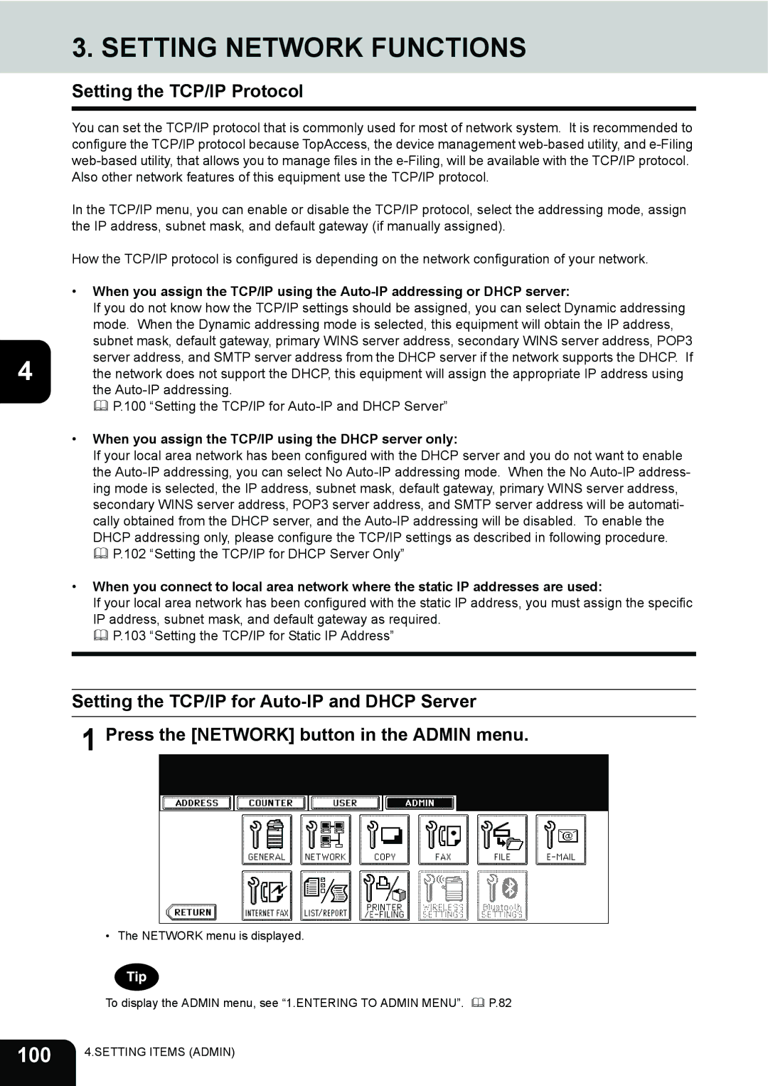 Toshiba 232, 282, 202L manual Setting Network Functions, 100, Setting the TCP/IP Protocol 