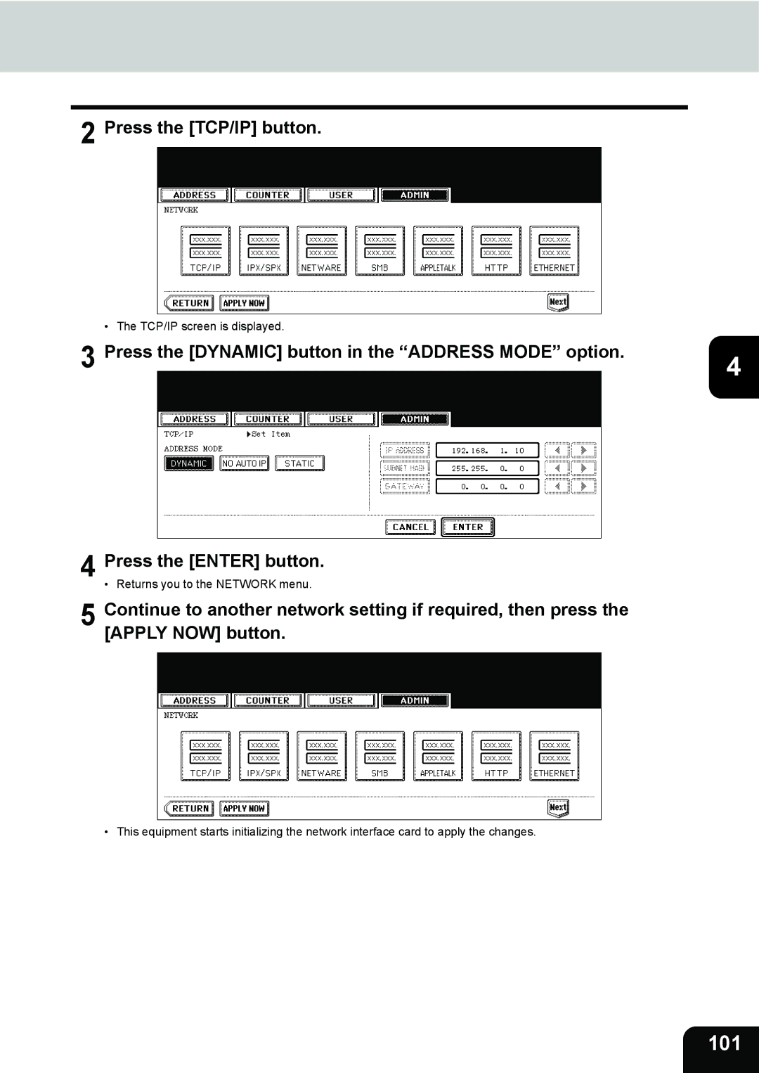 Toshiba 282, 232, 202L manual 101, Press the TCP/IP button 