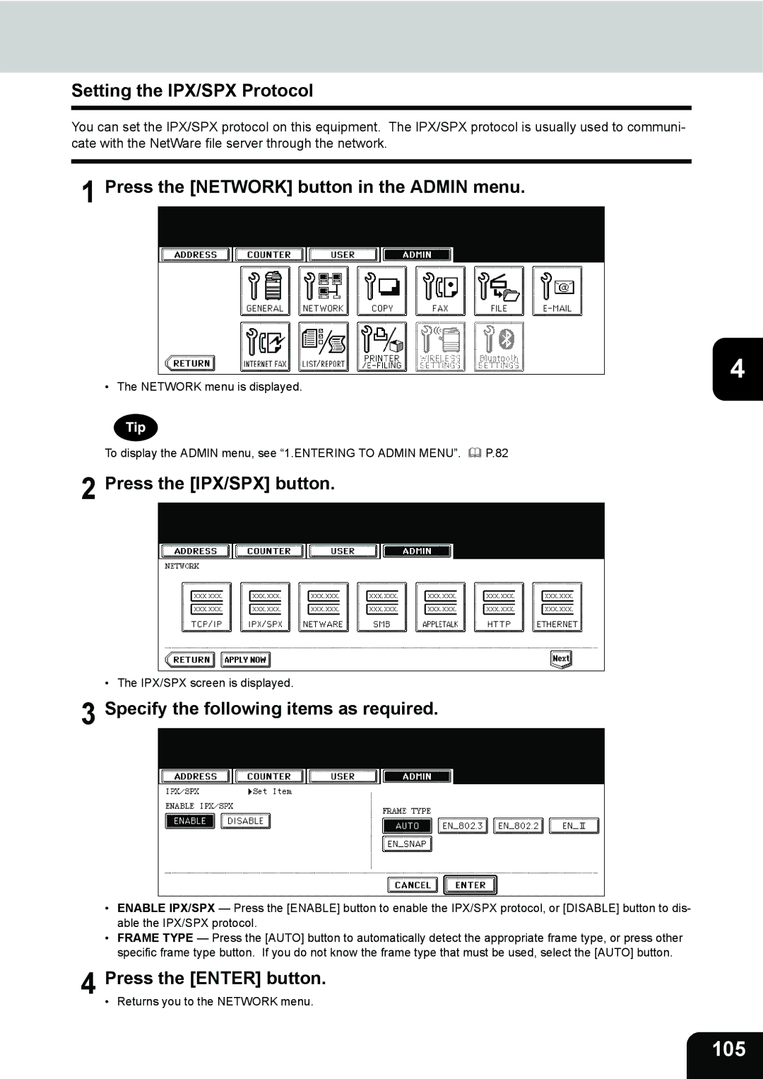 Toshiba 202L, 232, 282 105, Setting the IPX/SPX Protocol, Press the IPX/SPX button, Specify the following items as required 