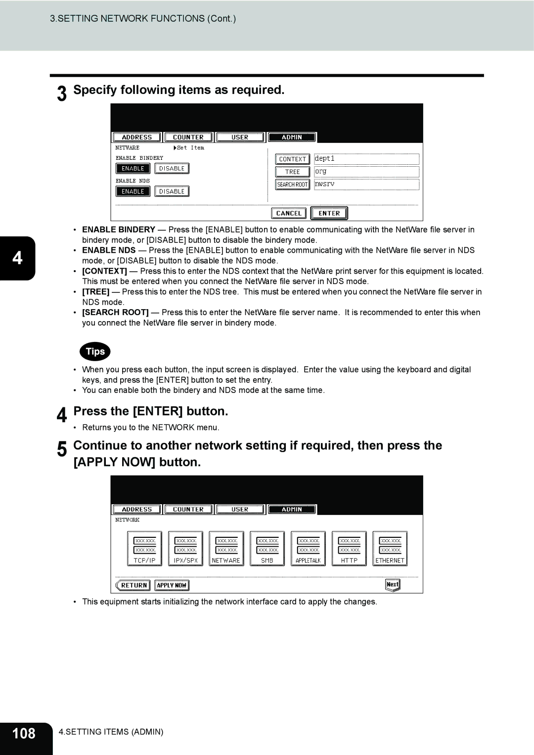 Toshiba 202L, 232 108, Specify following items as required, Continue to another network setting if required, then press 