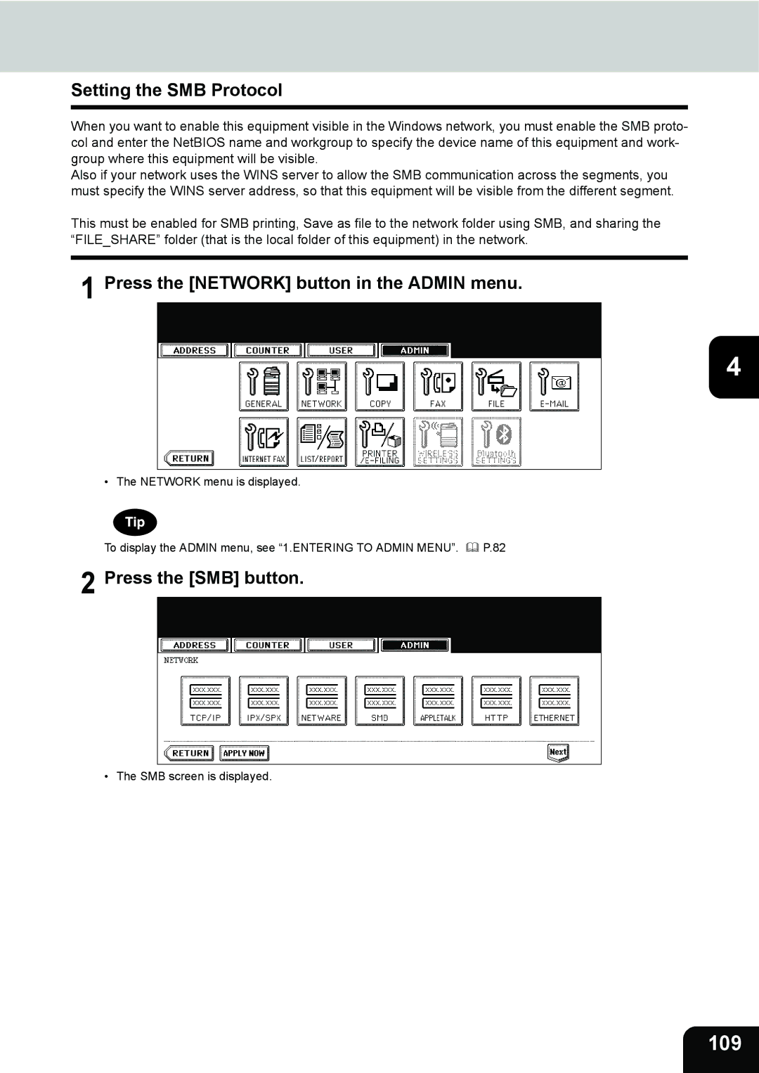 Toshiba 232, 282, 202L manual 109, Setting the SMB Protocol, Press the SMB button 