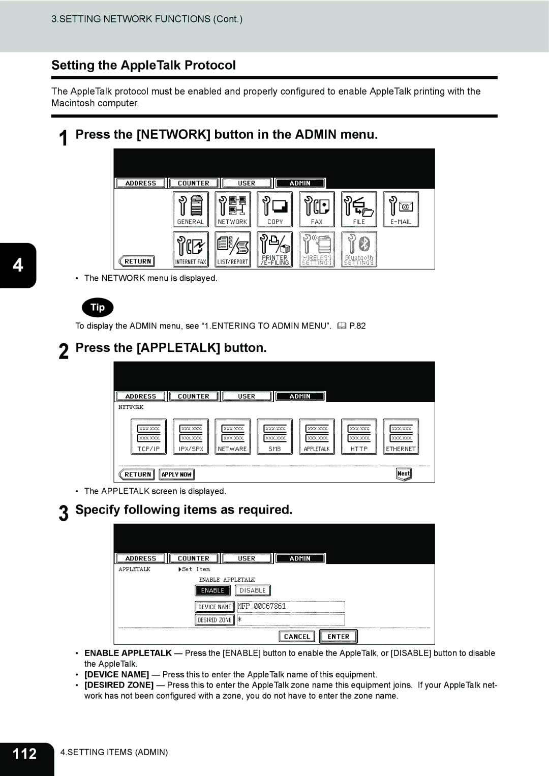 Toshiba 232, 282, 202L manual 112, Setting the AppleTalk Protocol, Press the Appletalk button 