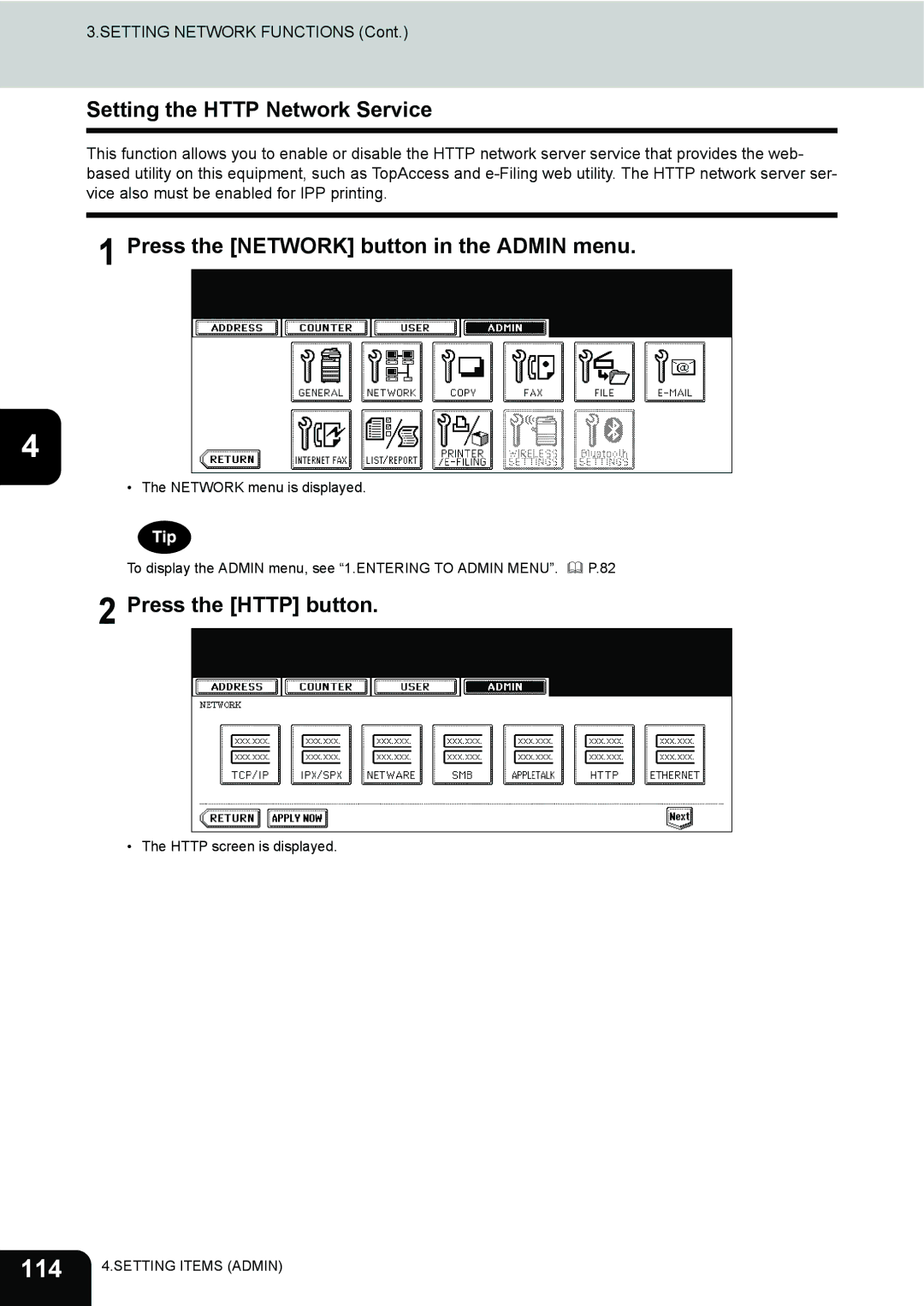 Toshiba 202L, 232, 282 manual 114, Setting the Http Network Service, Press the Http button 