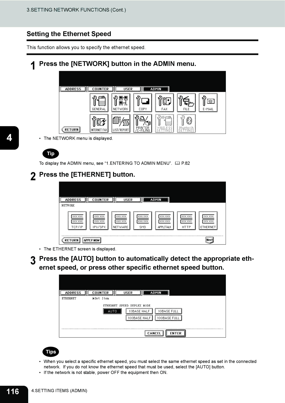 Toshiba 282, 232, 202L manual 116, Setting the Ethernet Speed, Press the Ethernet button 