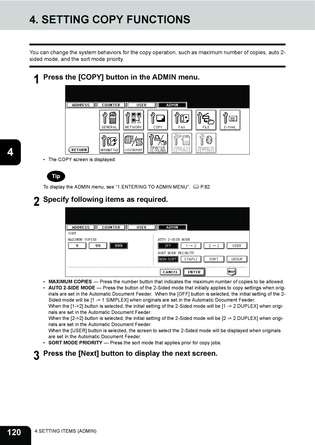 Toshiba 202L, 232, 282 manual 120, Press the Copy button in the Admin menu 