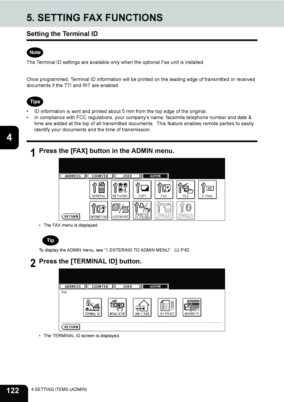 Toshiba 282, 232, 202L 122, Setting the Terminal ID, Press the FAX button in the Admin menu, Press the Terminal ID button 