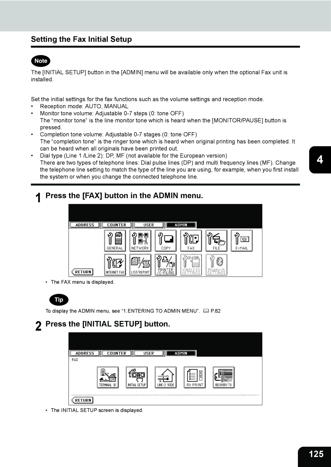 Toshiba 282, 232, 202L manual 125, Setting the Fax Initial Setup, Press the Initial Setup button 