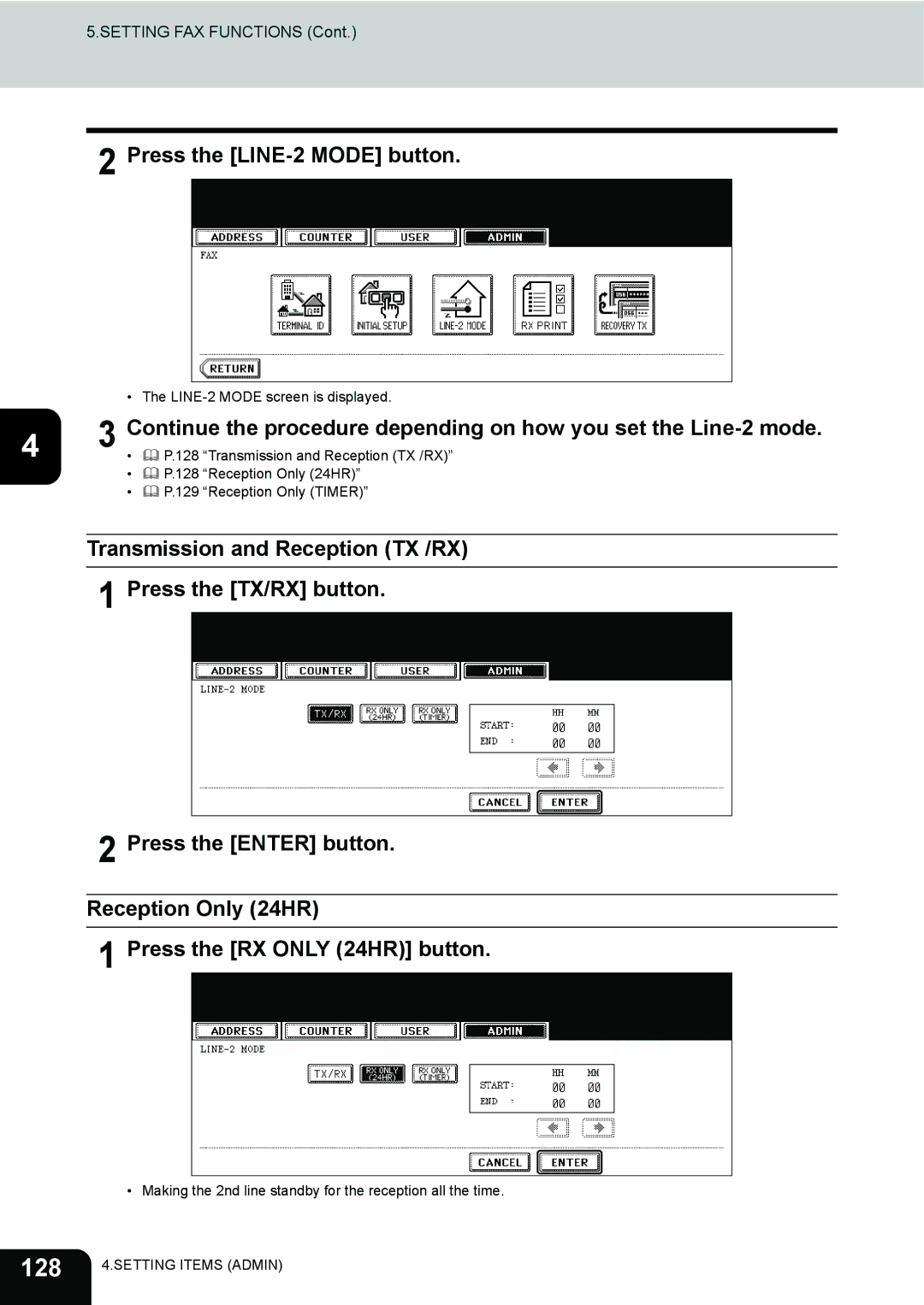 Toshiba 282, 232, 202L manual 128, Press the LINE-2 Mode button 