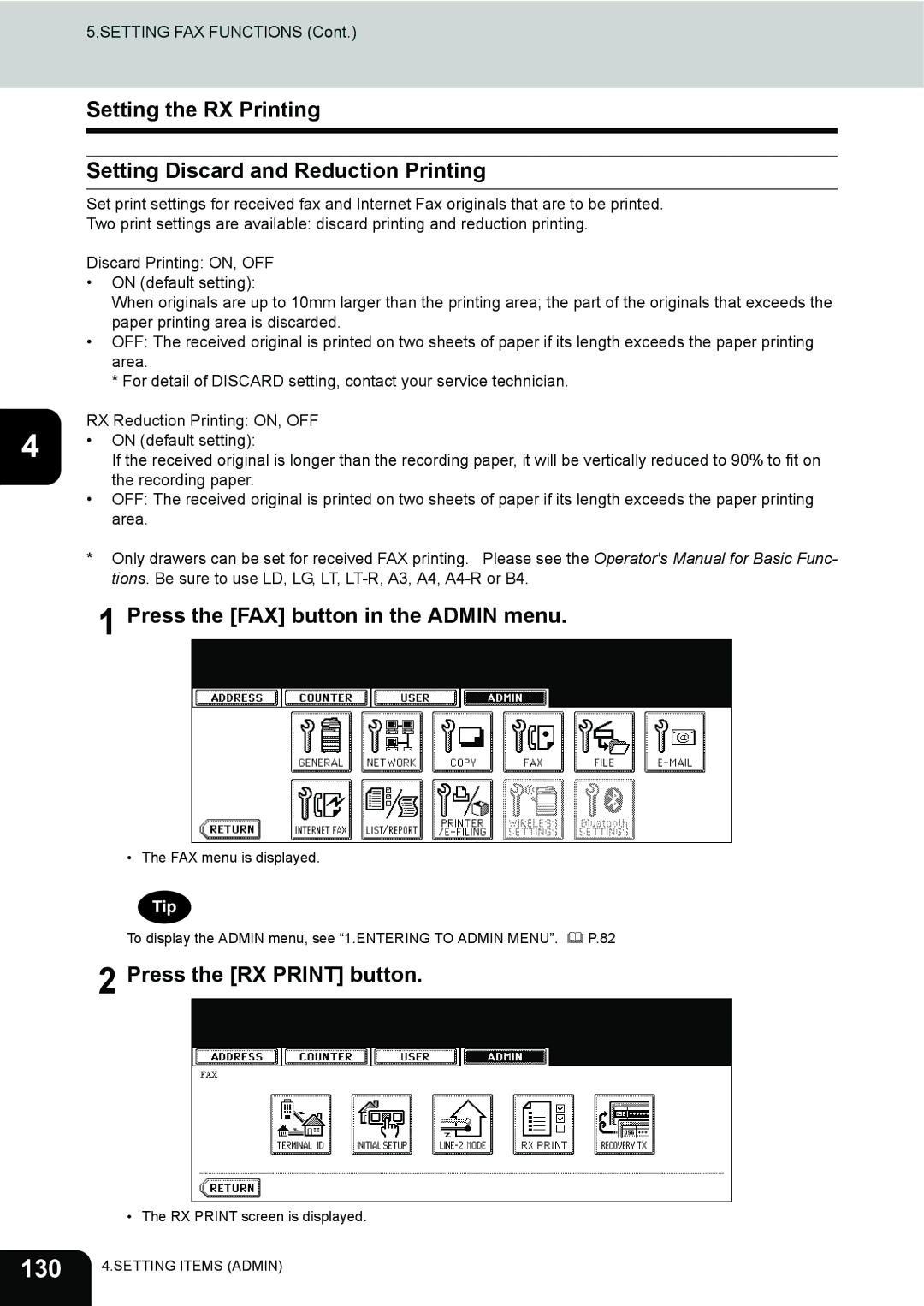 Toshiba 232, 282, 202L manual 130, Press the RX Print button 