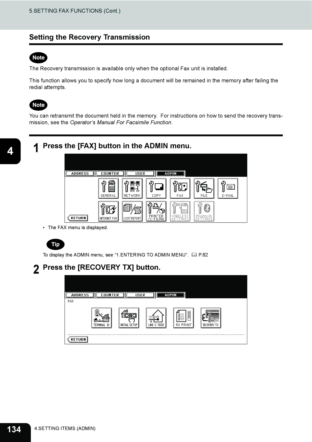 Toshiba 282, 232, 202L manual 134, Setting the Recovery Transmission, Press the Recovery TX button 