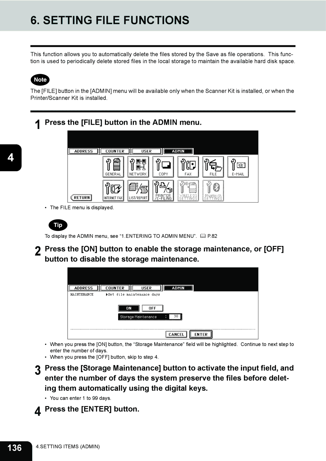 Toshiba 232, 282, 202L manual Setting File Functions, 136, Press the File button in the Admin menu 