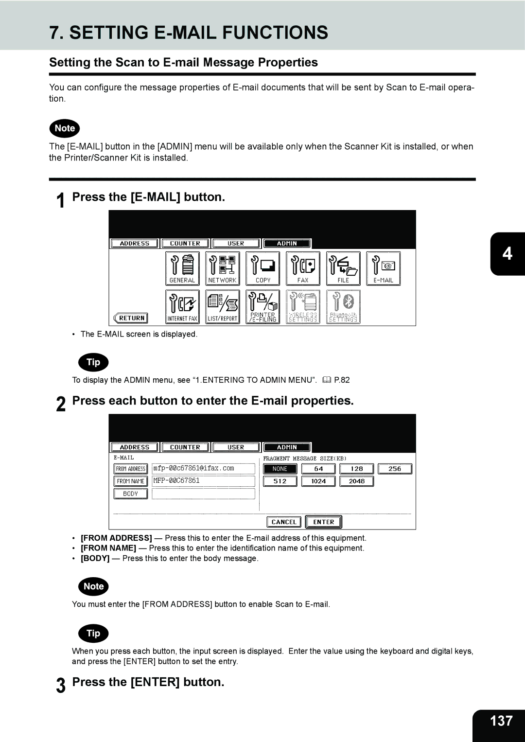 Toshiba 282, 232 Setting E-MAIL Functions, 137, Setting the Scan to E-mail Message Properties, Press the E-MAIL button 