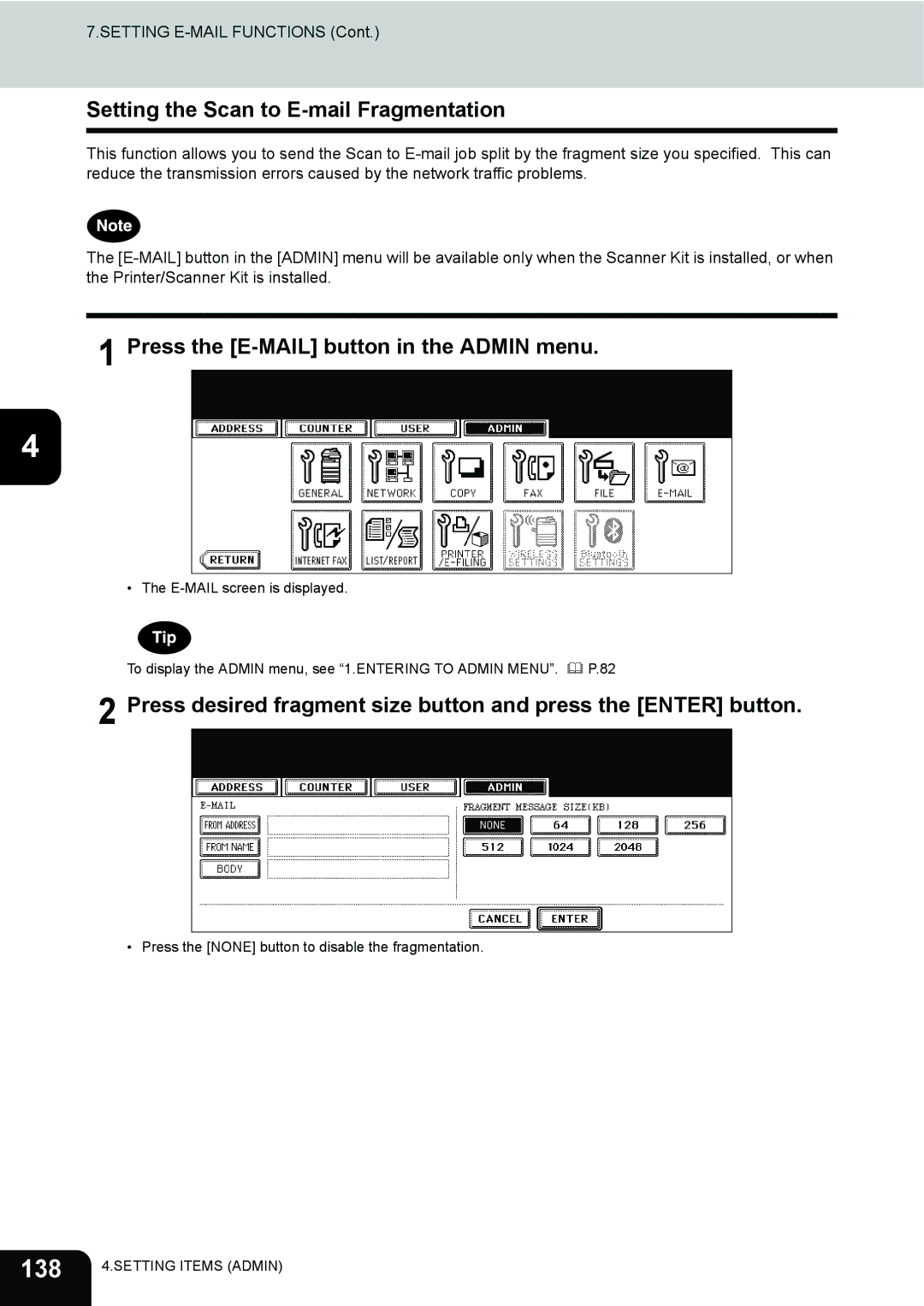 Toshiba 202L, 232, 282 manual 138, Setting the Scan to E-mail Fragmentation, Press the E-MAIL button in the Admin menu 