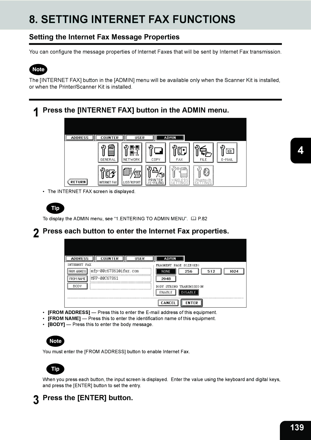 Toshiba 232, 282, 202L manual Setting Internet FAX Functions, 139, Setting the Internet Fax Message Properties 