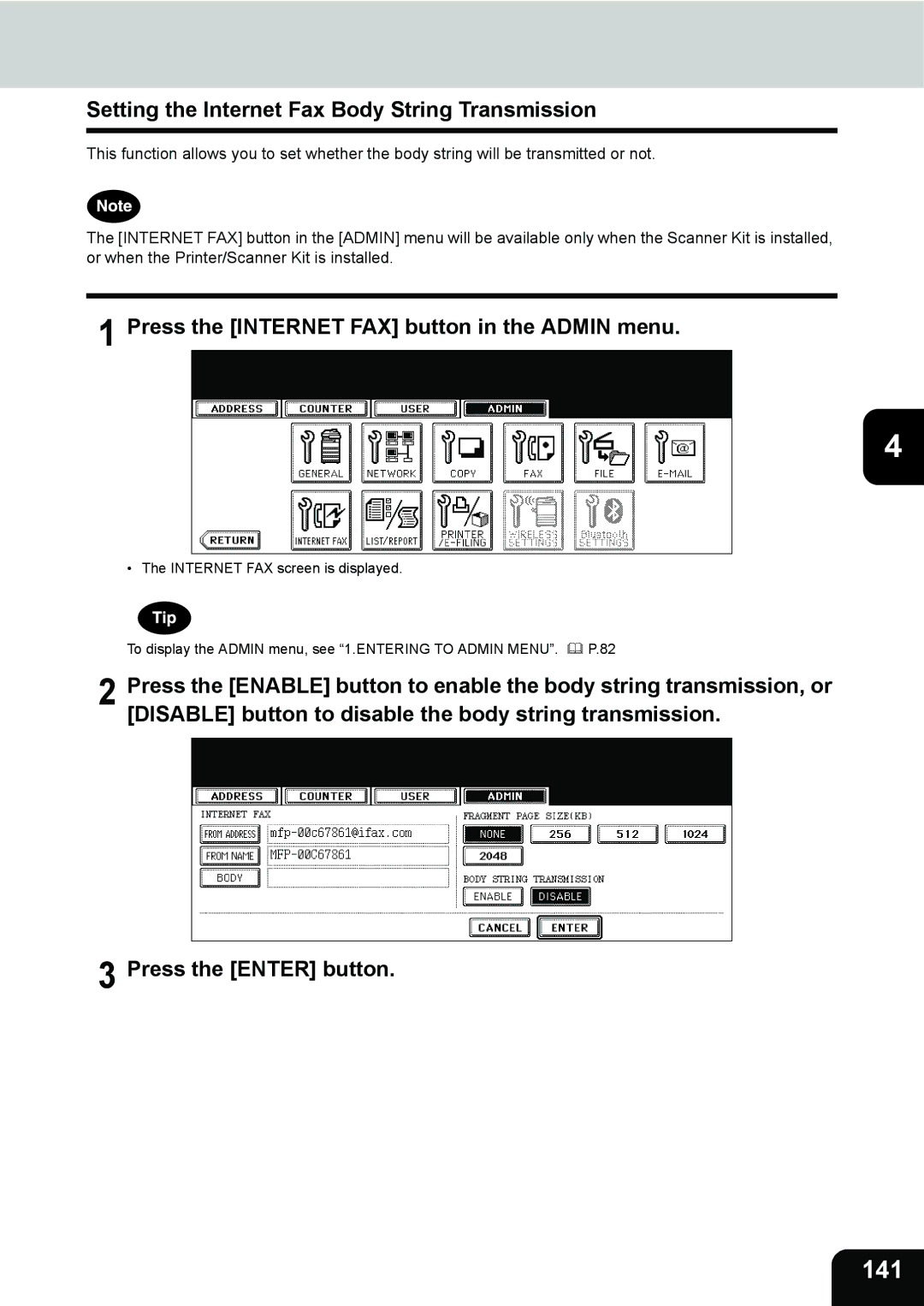 Toshiba 202L, 232, 282 manual 141, Setting the Internet Fax Body String Transmission 