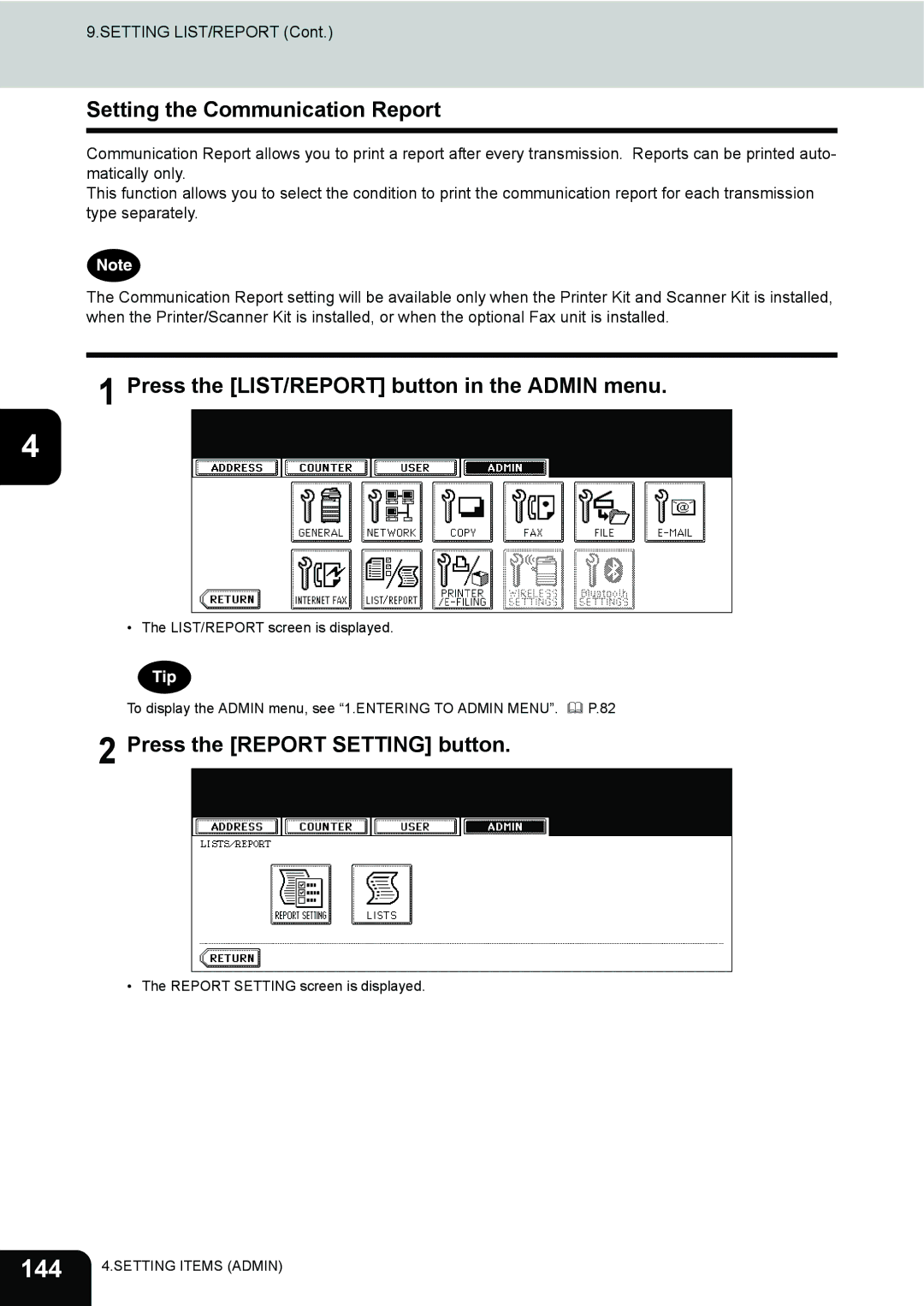 Toshiba 202L, 232, 282 manual 144, Setting the Communication Report 