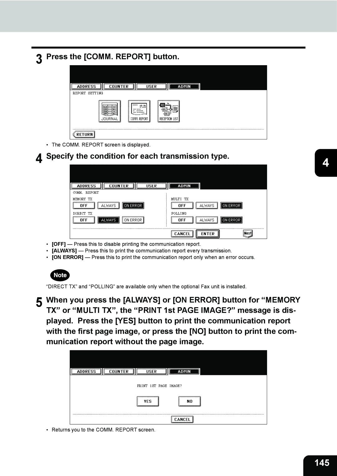 Toshiba 232, 282, 202L manual 145, Press the COMM. Report button, Specify the condition for each transmission type 