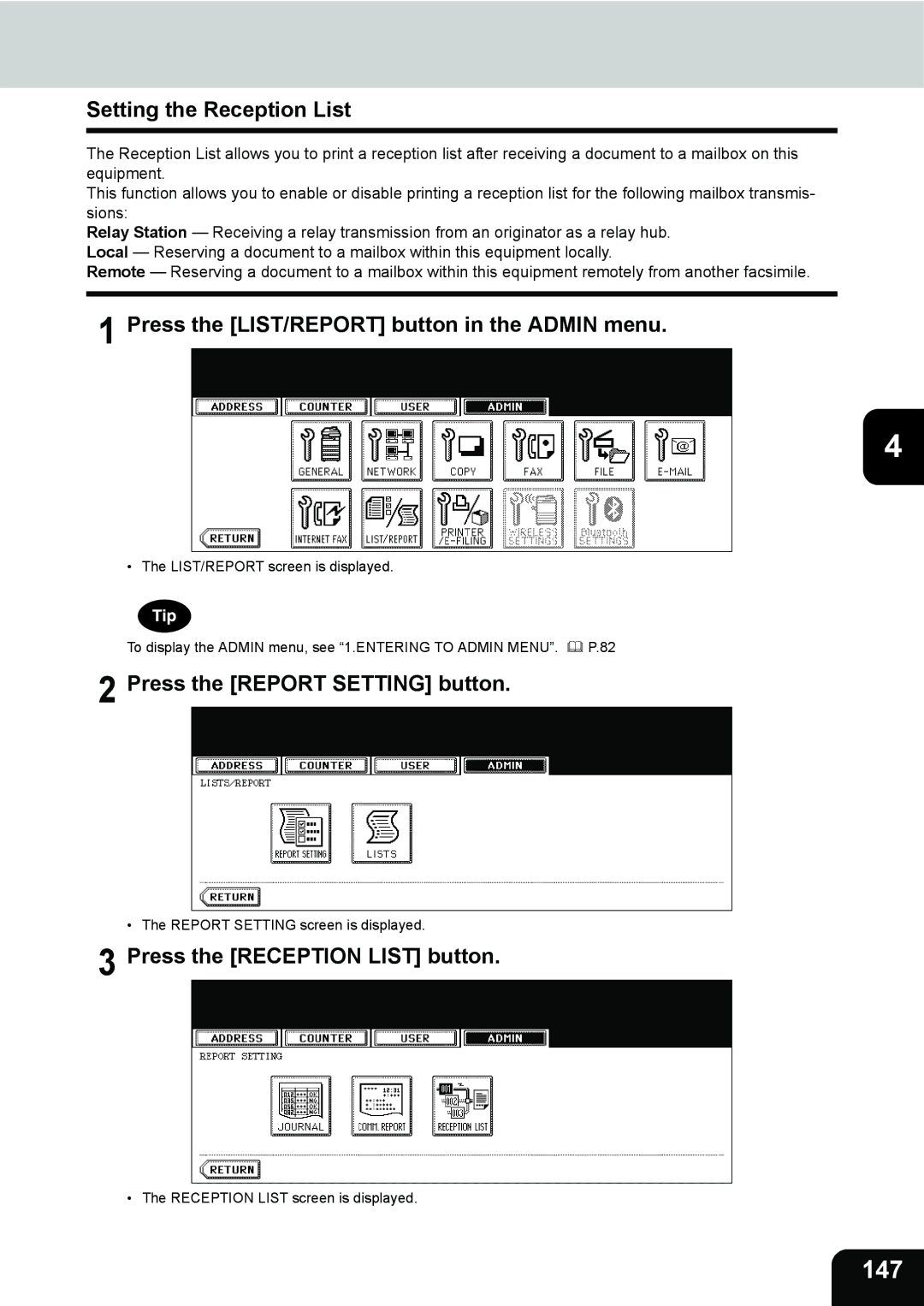 Toshiba 202L, 232, 282 manual 147, Setting the Reception List, Press the Reception List button 