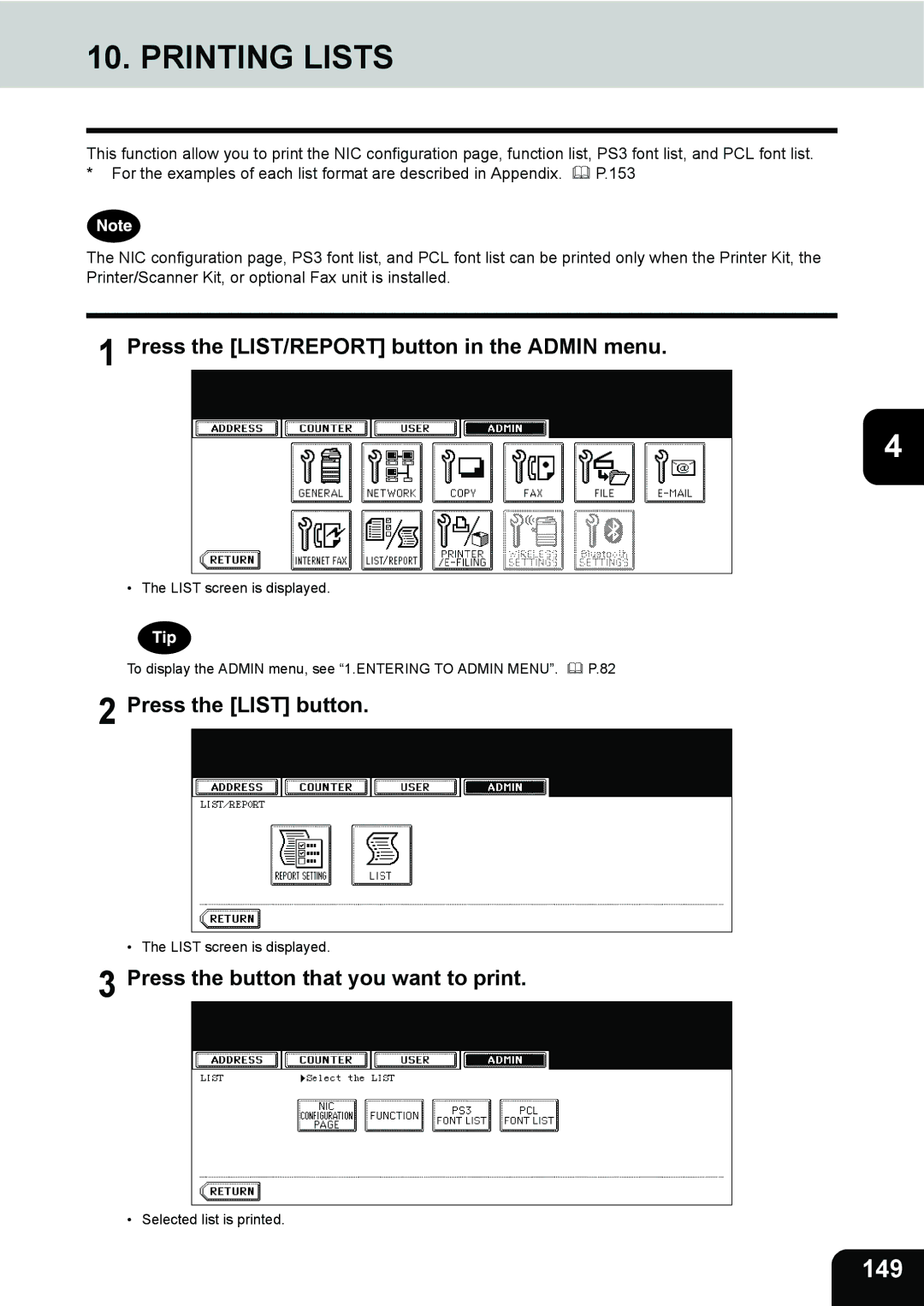 Toshiba 282, 232, 202L manual 149, Press the List button, Press the button that you want to print 