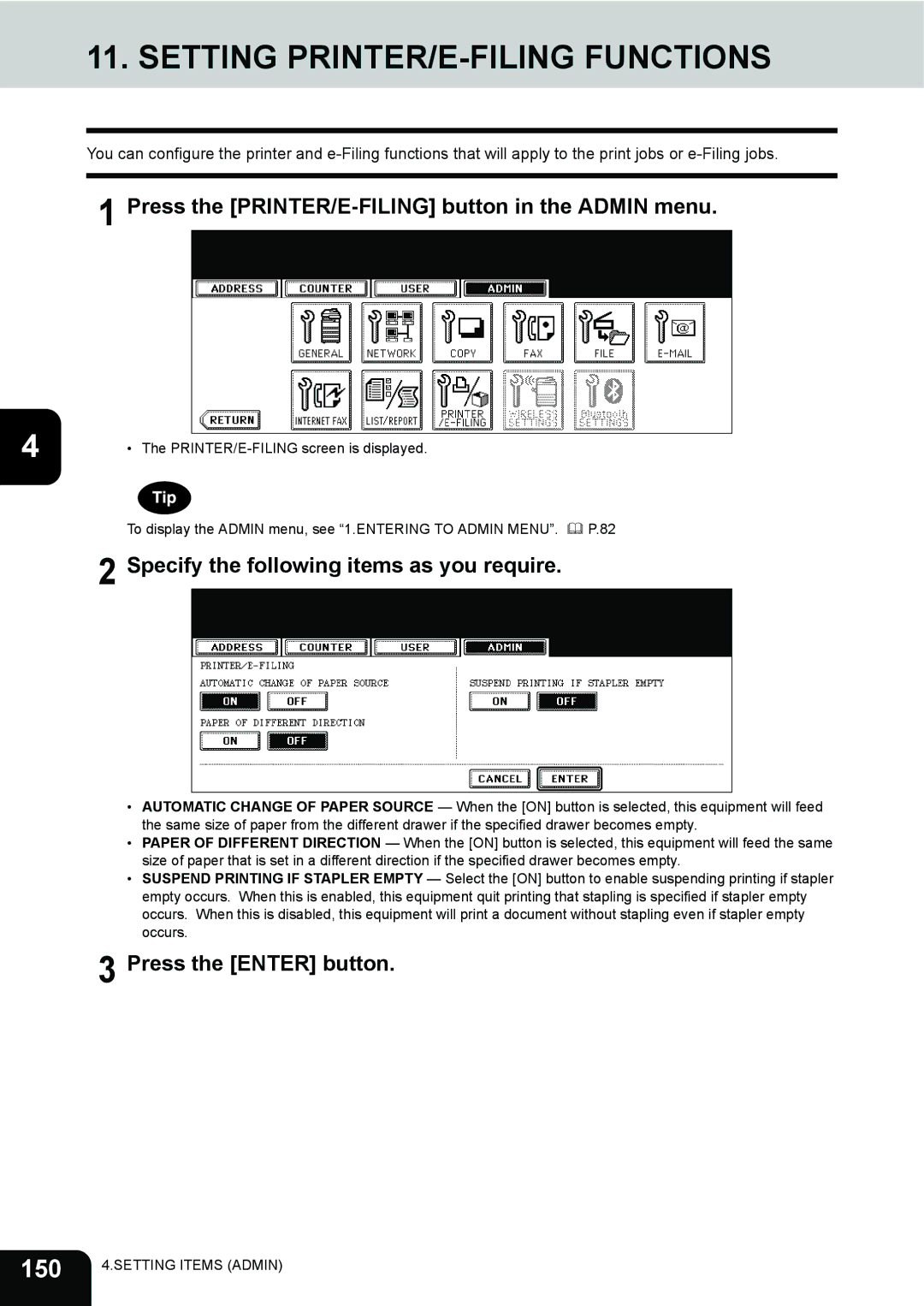 Toshiba 202L, 232, 282 manual Setting PRINTER/E-FILING Functions, 150, Press the PRINTER/E-FILING button in the Admin menu 