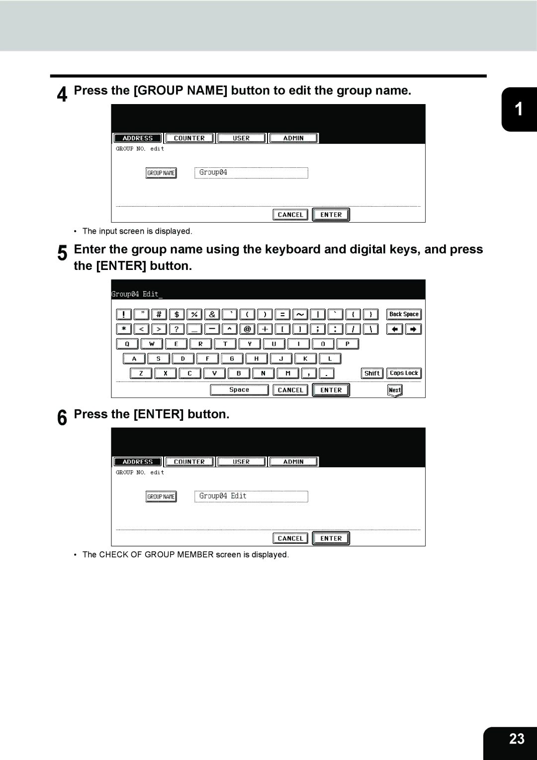 Toshiba 282, 232, 202L manual Press the Group Name button to edit the group name 