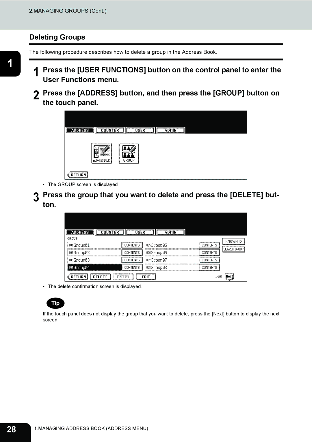 Toshiba 232, 282, 202L manual Deleting Groups 