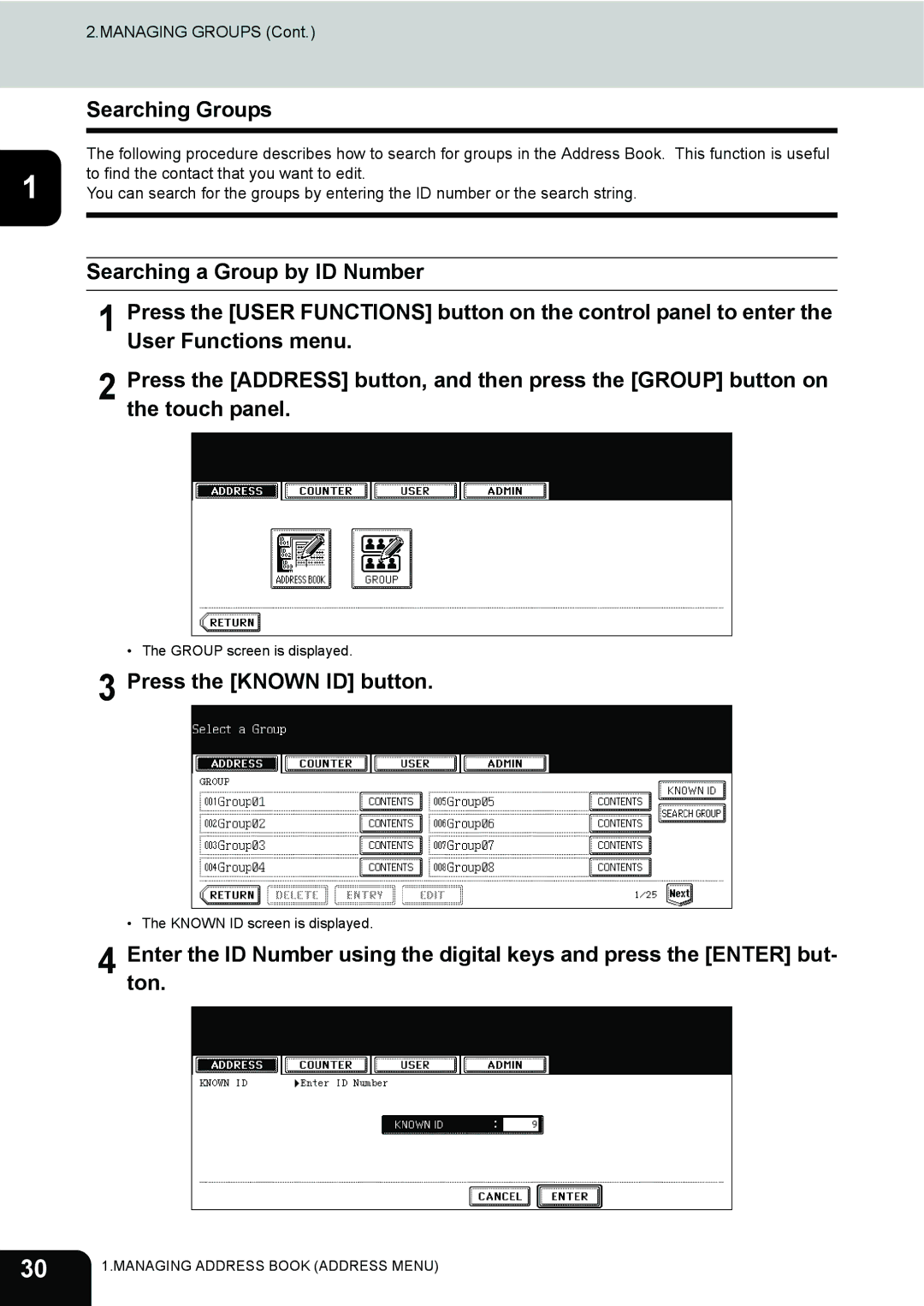 Toshiba 202L, 232, 282 manual Searching Groups, Press the Known ID button 