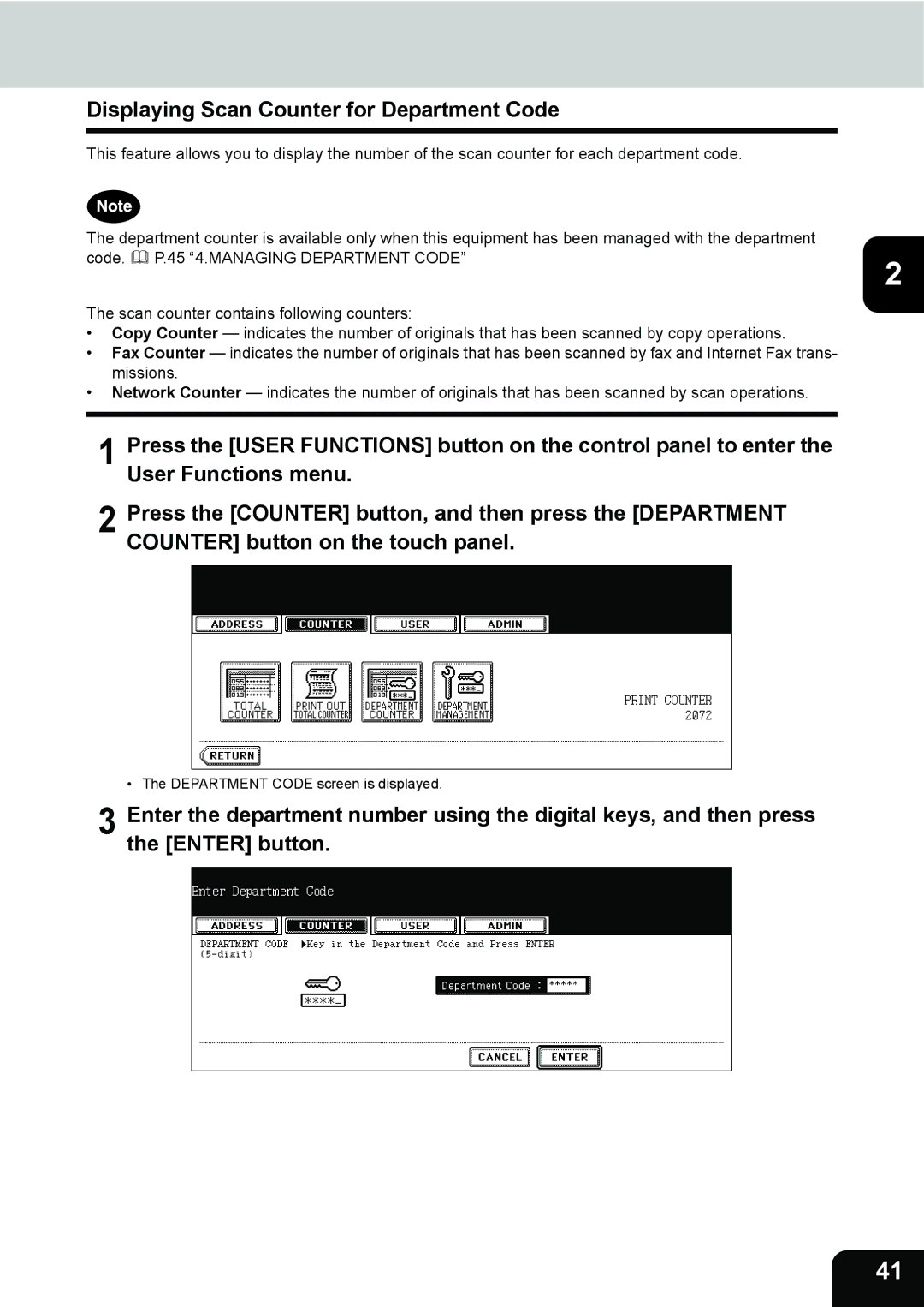 Toshiba 282, 232, 202L manual Displaying Scan Counter for Department Code 