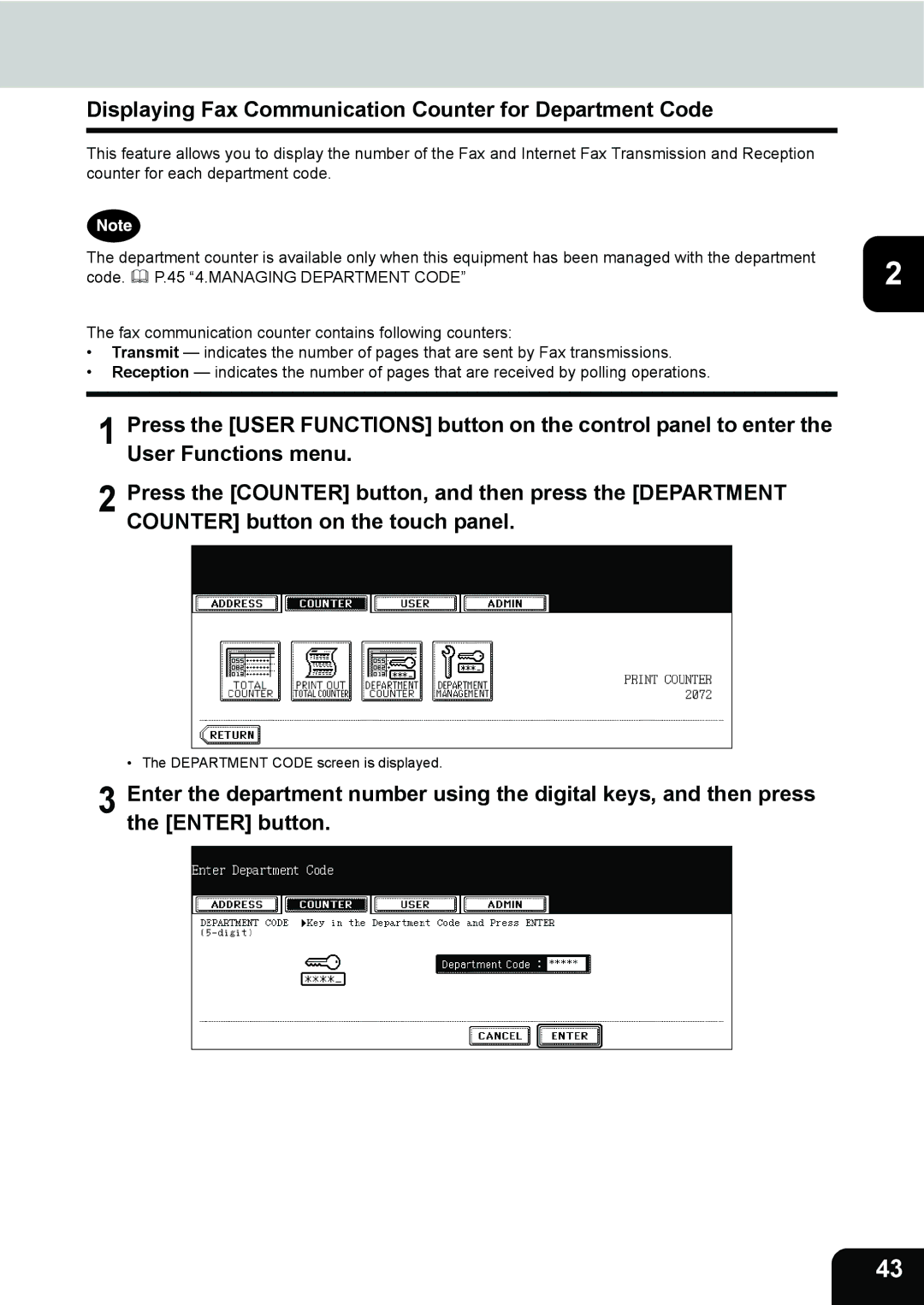 Toshiba 232, 282, 202L manual Displaying Fax Communication Counter for Department Code 