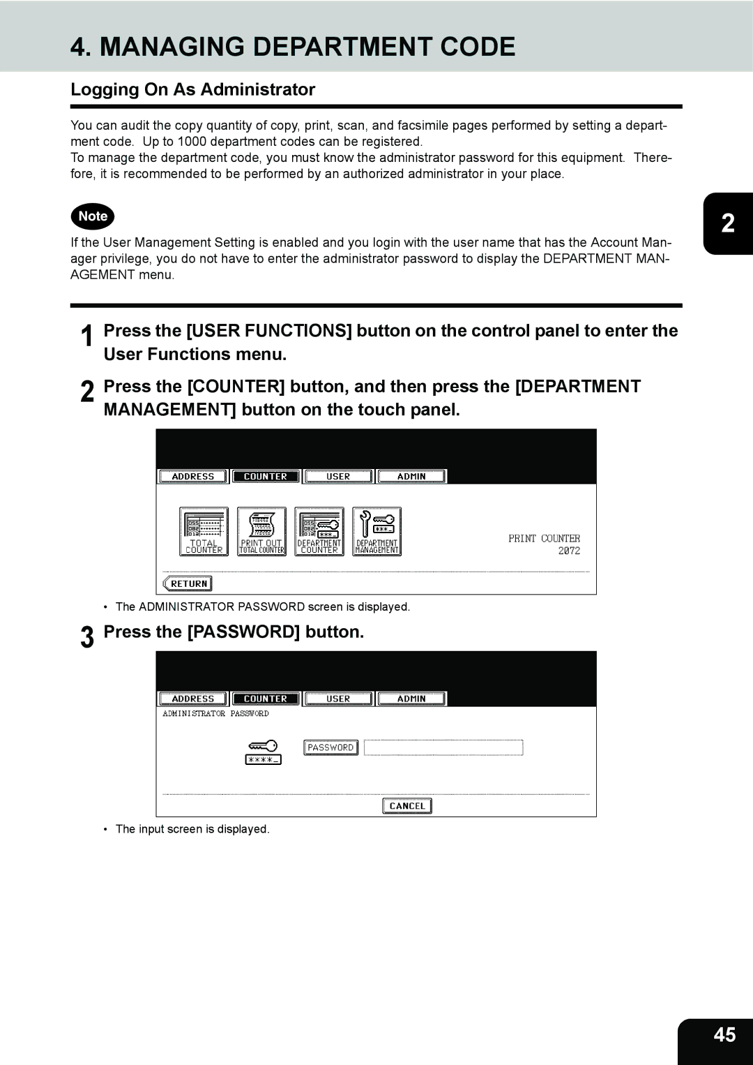 Toshiba 202L, 232, 282 manual Managing Department Code, Logging On As Administrator, Press the Password button 