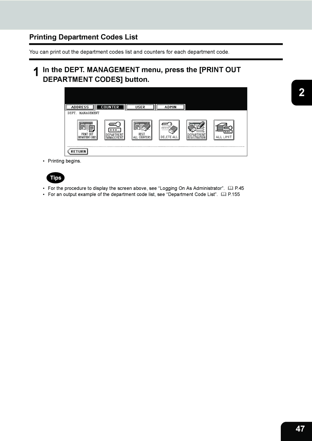 Toshiba 282, 232, 202L manual Printing Department Codes List 