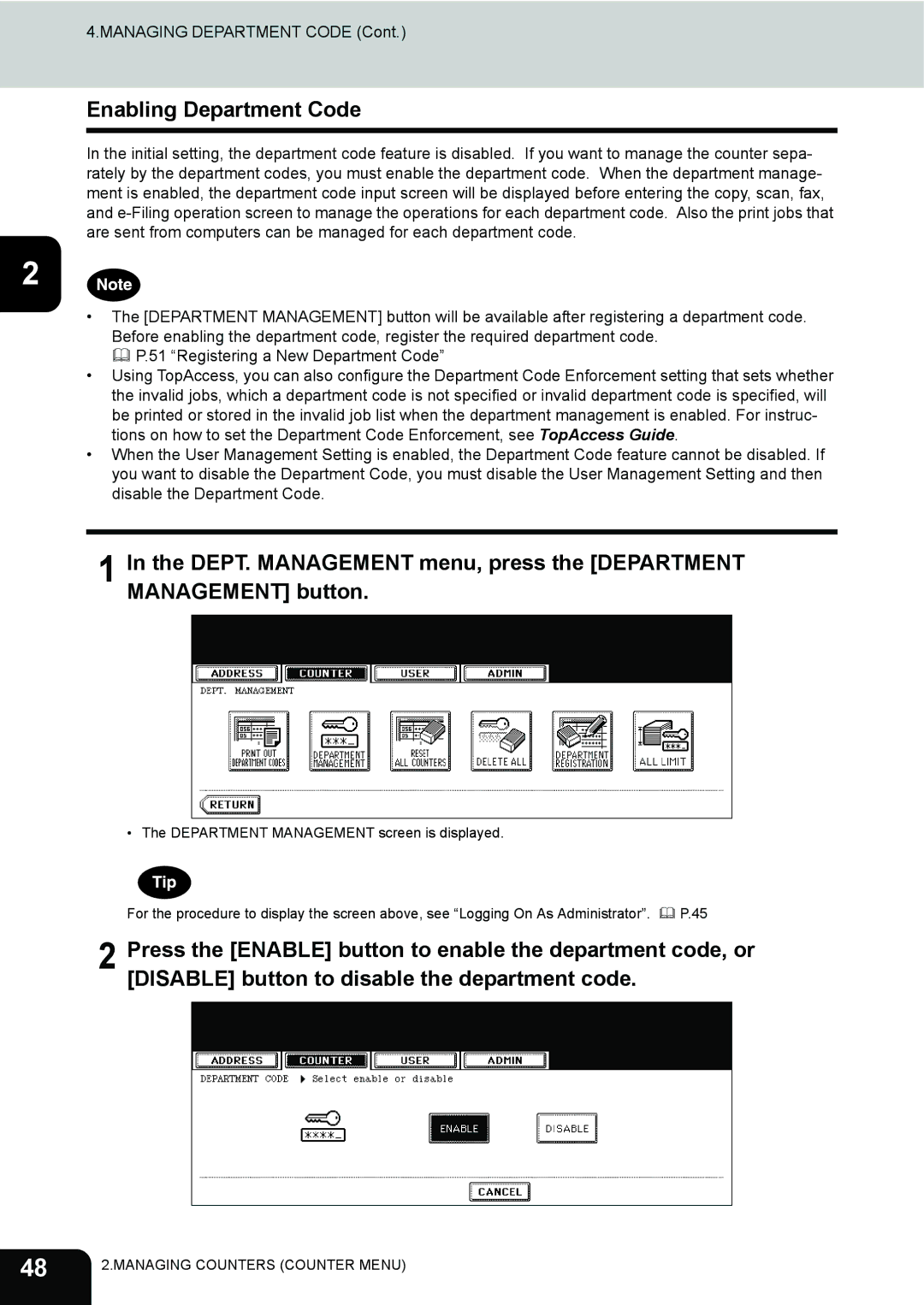 Toshiba 202L, 232, 282 manual Enabling Department Code 