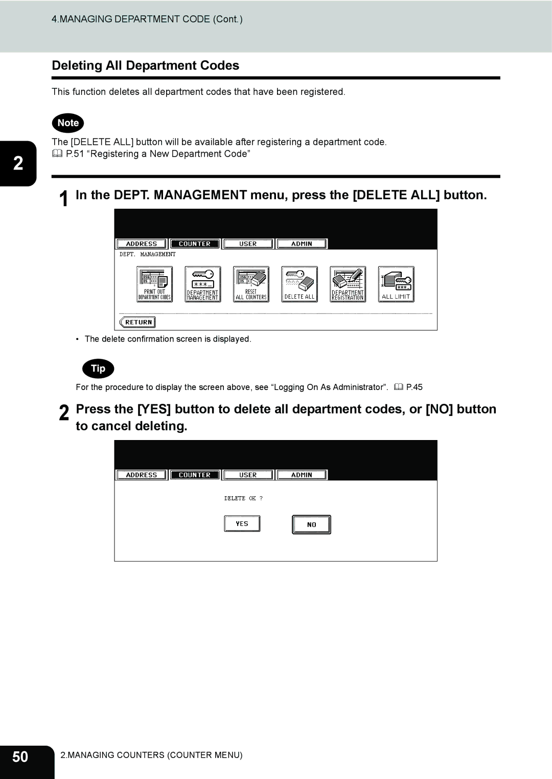 Toshiba 282, 232, 202L manual Deleting All Department Codes, DEPT. Management menu, press the Delete ALL button 