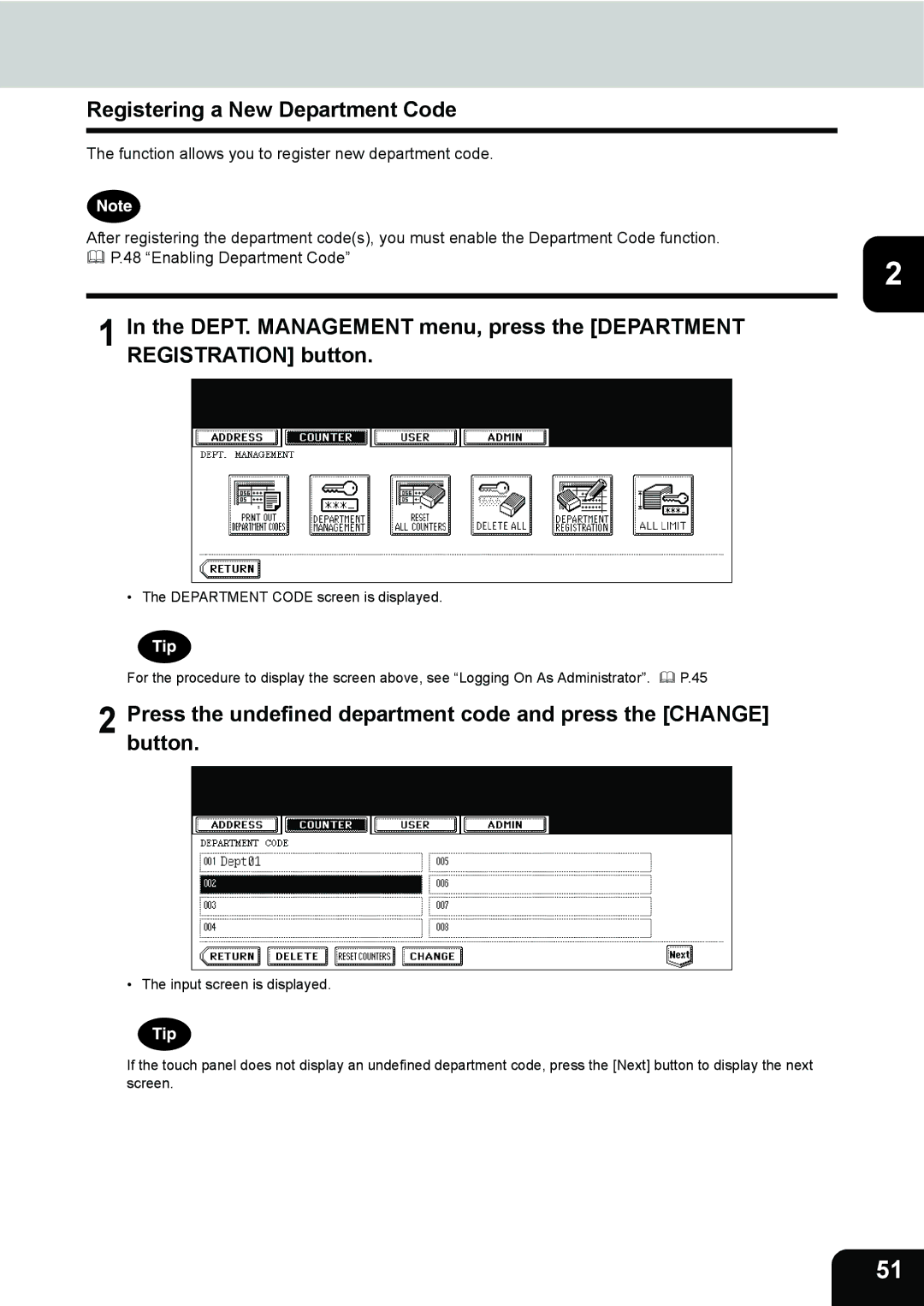 Toshiba 202L, 232, 282 manual Registering a New Department Code 