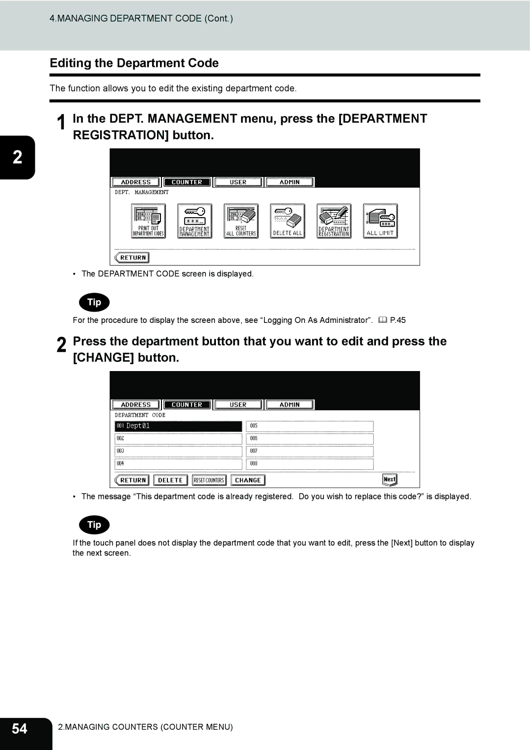 Toshiba 202L, 232, 282 manual Editing the Department Code 