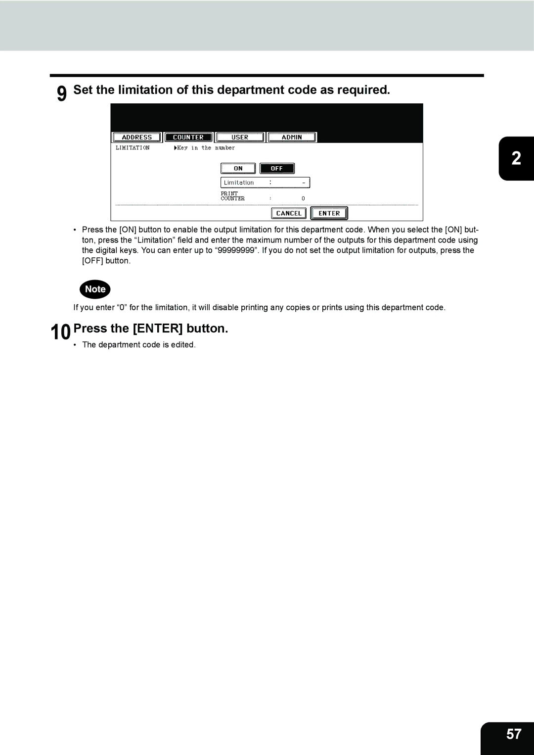 Toshiba 202L, 232, 282 manual Set the limitation of this department code as required, 10Press the Enter button 