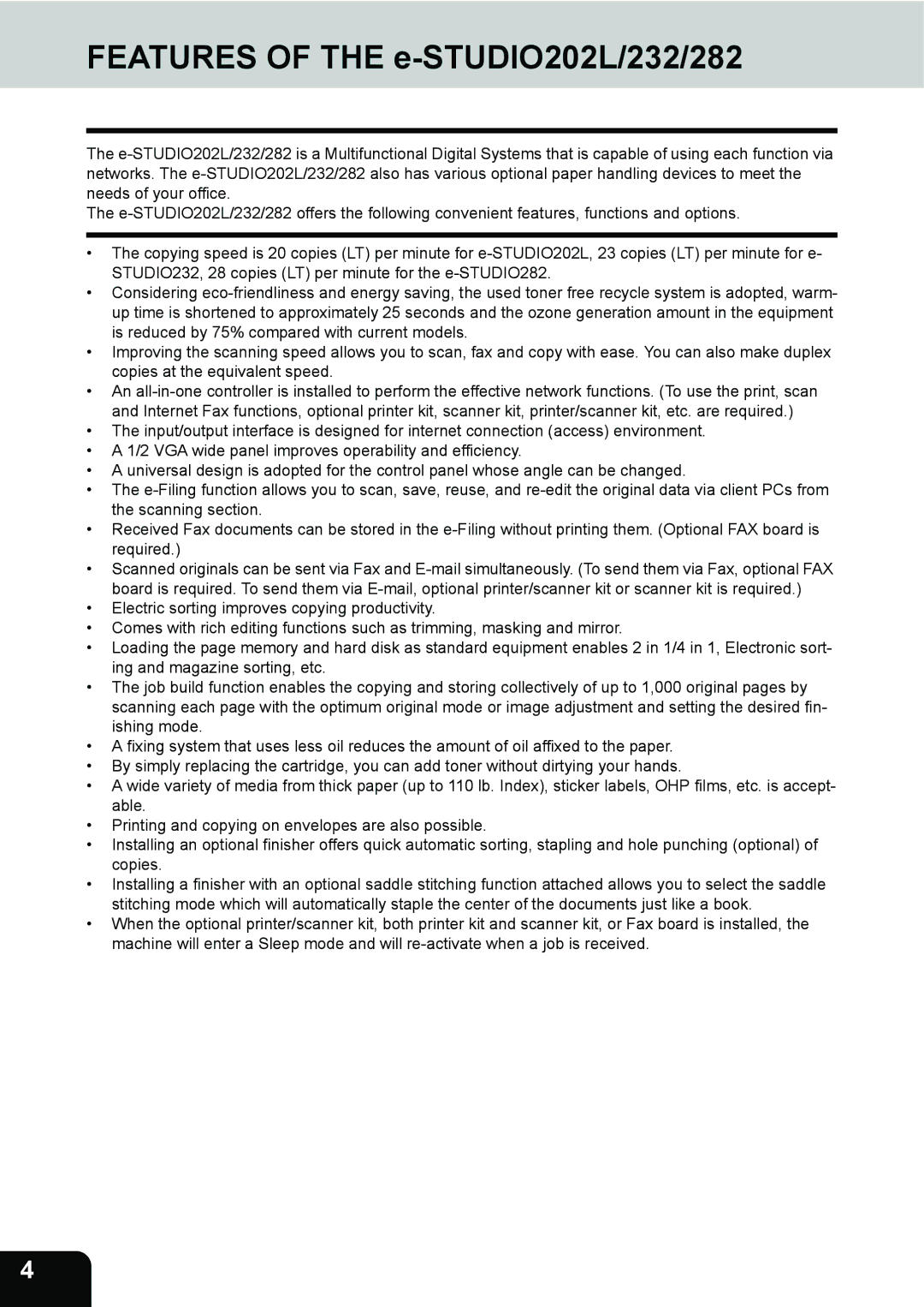 Toshiba manual Features of the e-STUDIO202L/232/282 