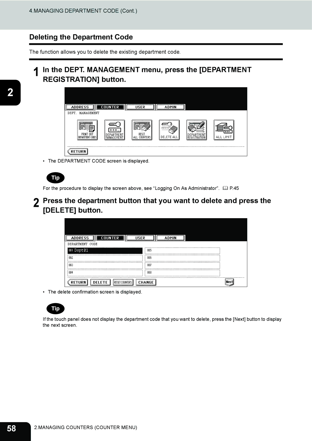 Toshiba 232, 282, 202L manual Deleting the Department Code 