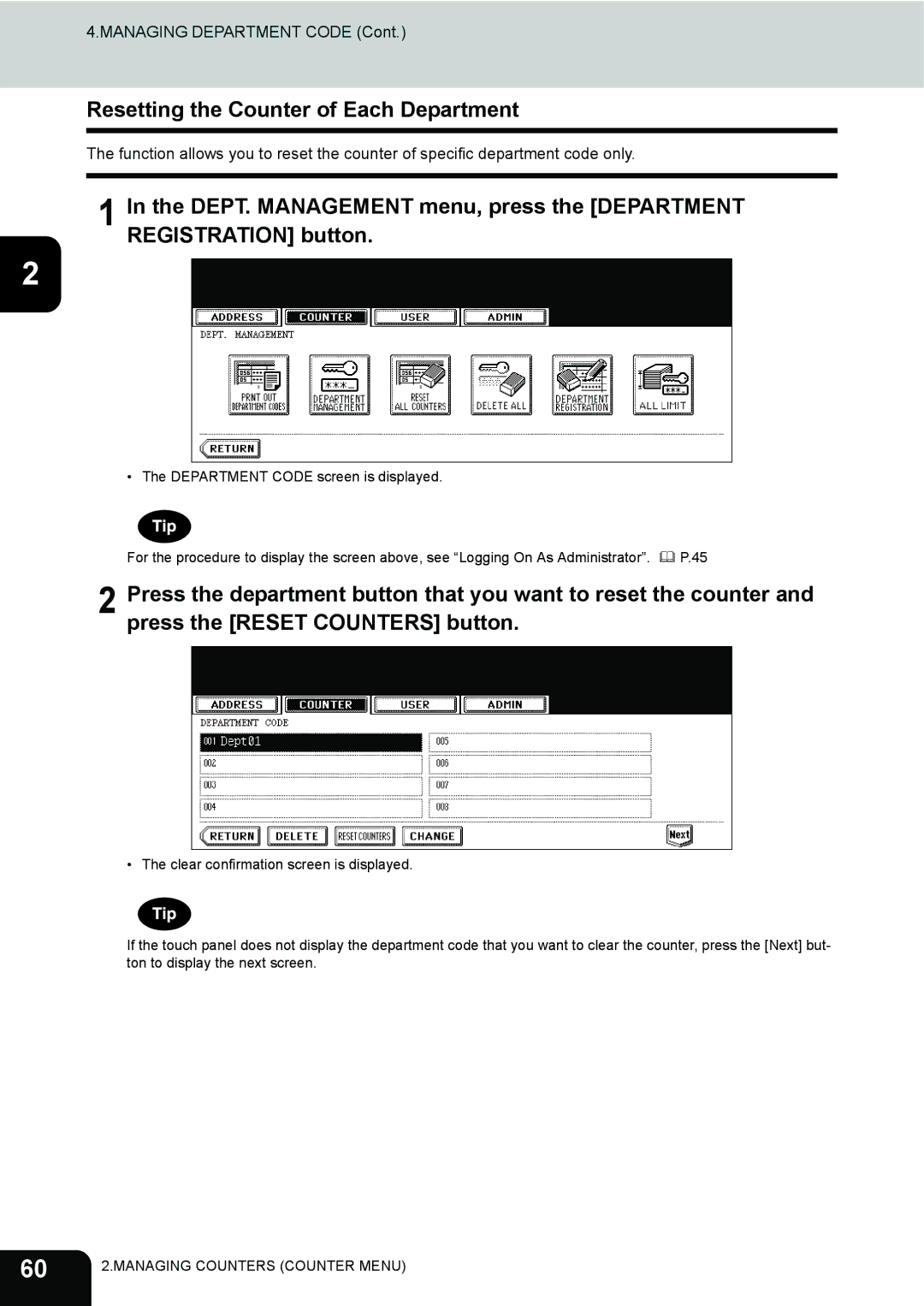 Toshiba 202L, 232, 282 manual Resetting the Counter of Each Department 