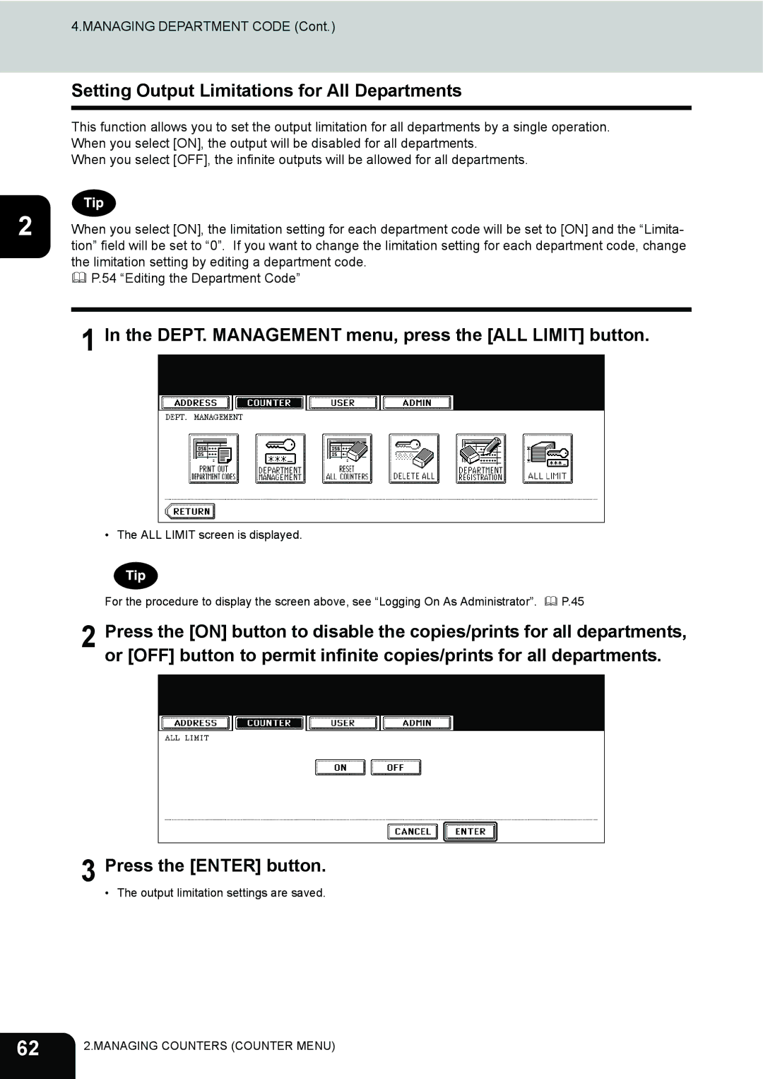 Toshiba 282, 232, 202L Setting Output Limitations for All Departments, DEPT. Management menu, press the ALL Limit button 