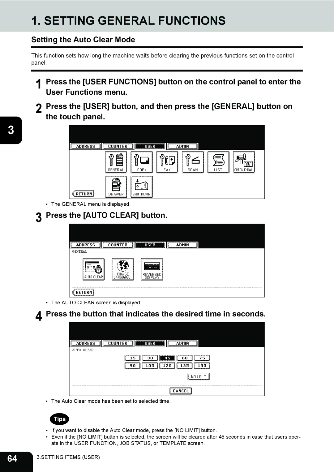 Toshiba 232, 282, 202L manual Setting General Functions, Setting the Auto Clear Mode, Press the Auto Clear button 