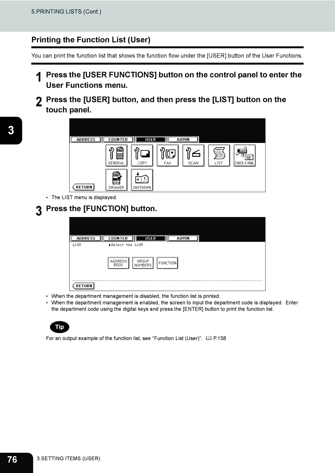 Toshiba 232, 282, 202L manual Printing the Function List User, Press the Function button 