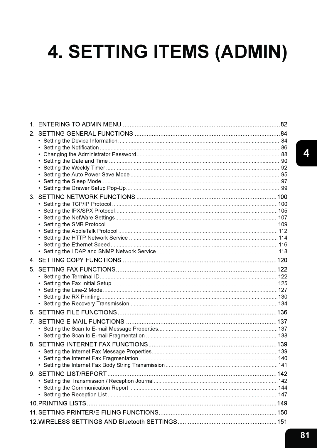 Toshiba 202L, 232, 282 manual Setting Items Admin 