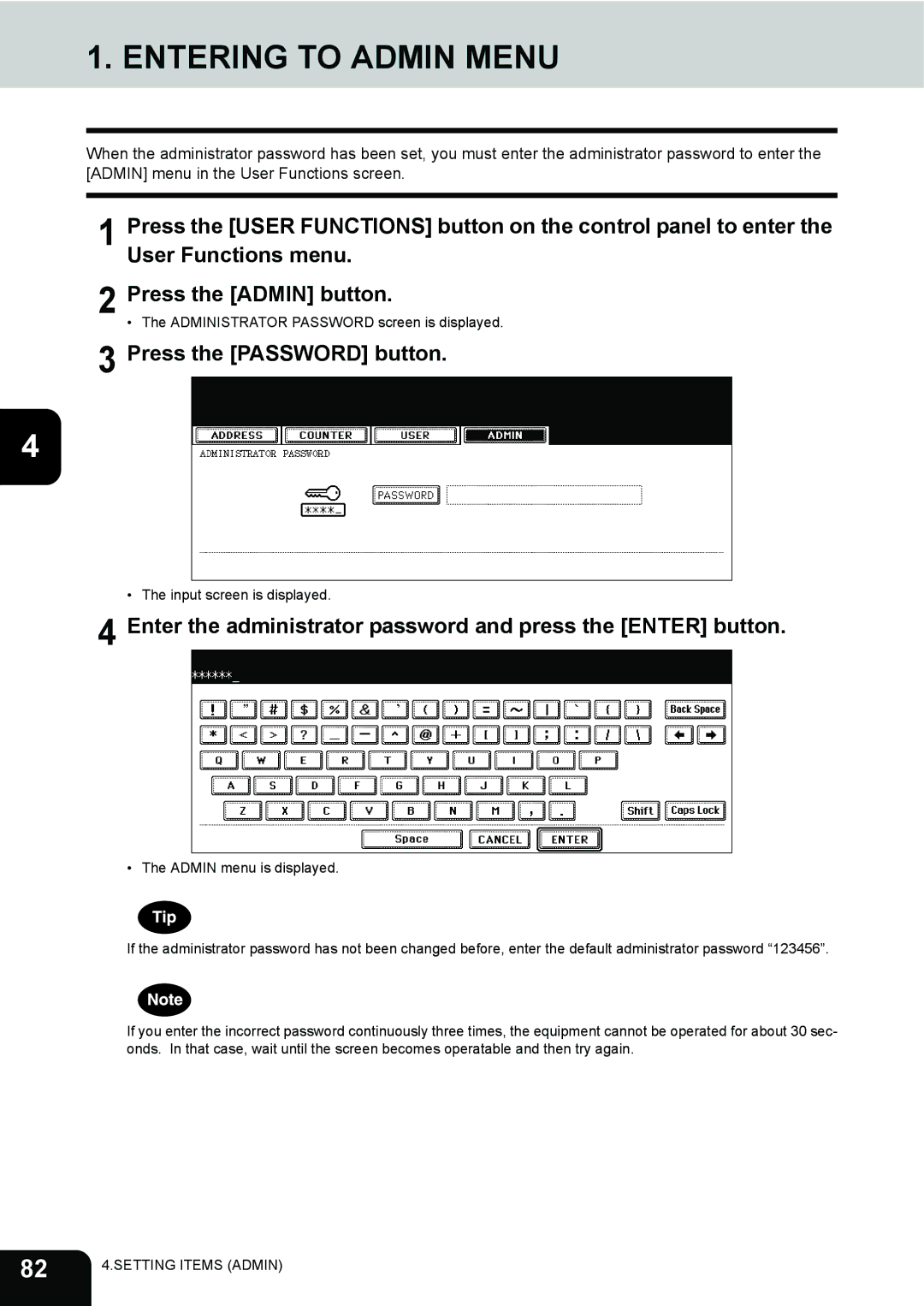 Toshiba 232, 282, 202L manual Entering to Admin Menu, Enter the administrator password and press the Enter button 