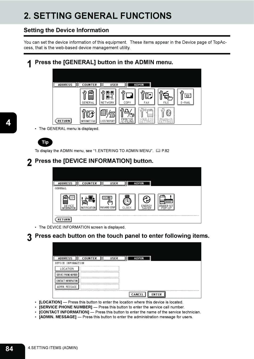 Toshiba 202L, 232, 282 manual Setting the Device Information, Press the General button in the Admin menu 