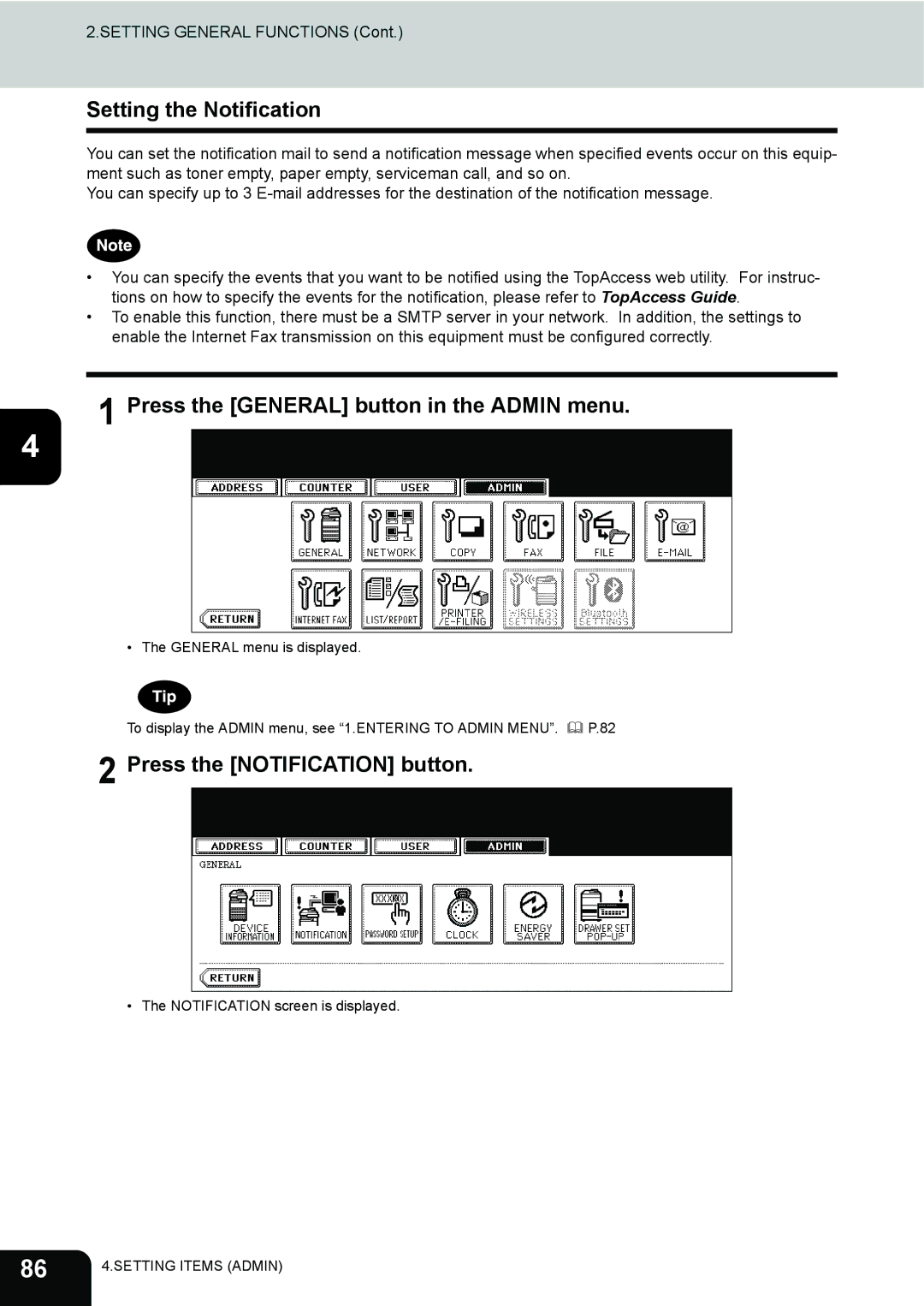 Toshiba 282, 232, 202L manual Setting the Notification, Press the Notification button 