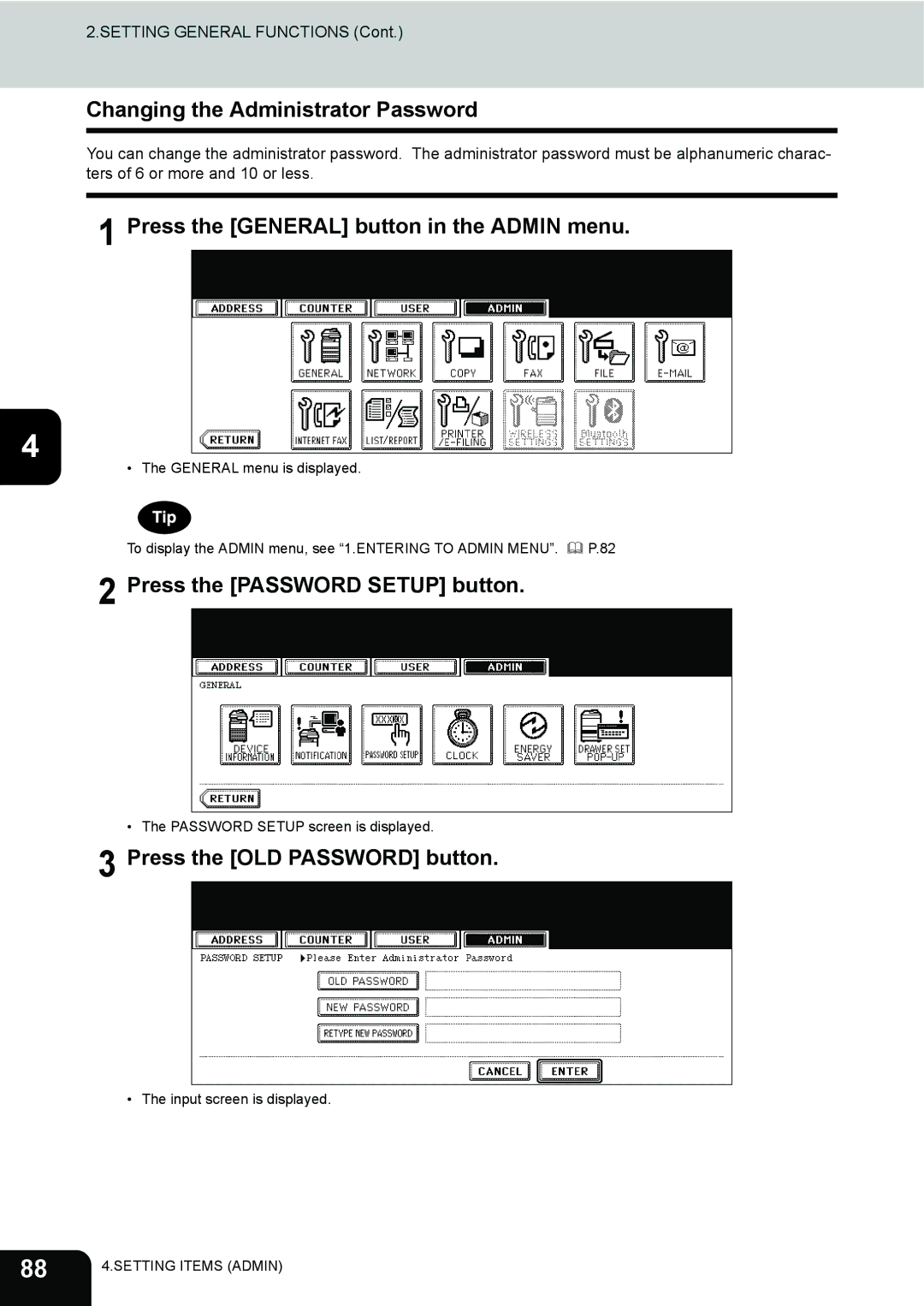 Toshiba 232, 282, 202L Changing the Administrator Password, Press the Password Setup button, Press the OLD Password button 