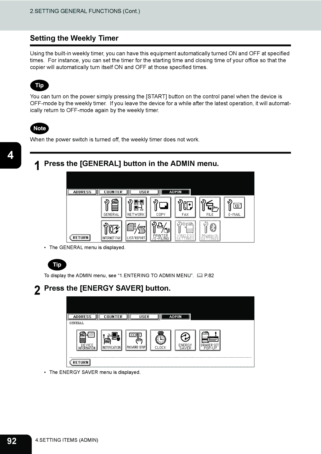 Toshiba 282, 232, 202L manual Setting the Weekly Timer, Press the Energy Saver button 